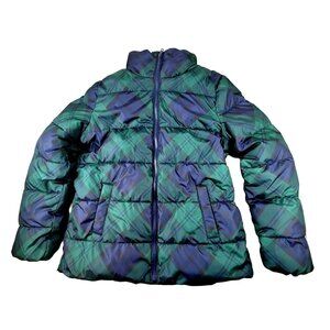 Old Navy Womens Puffer Jacket Warm Blue and Green Tartan Plaid Size XS JH1232